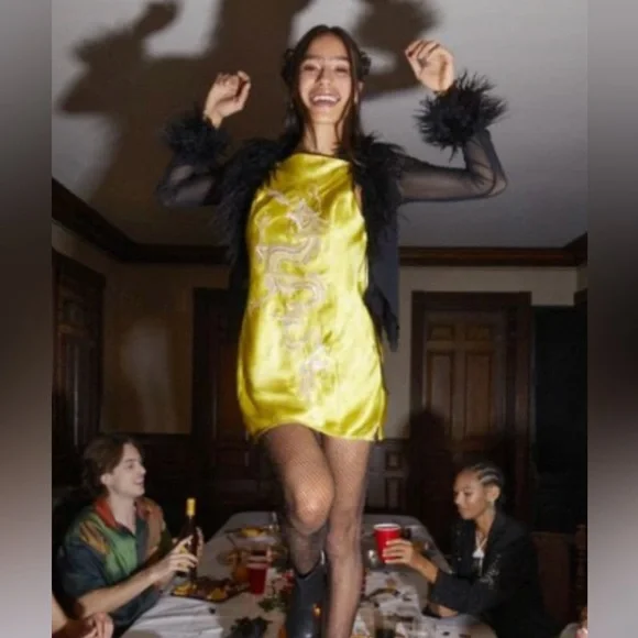 Urban Outfitters Lime Green Satin Mini Dress with Beaded Dragon - Picture 6 of 6